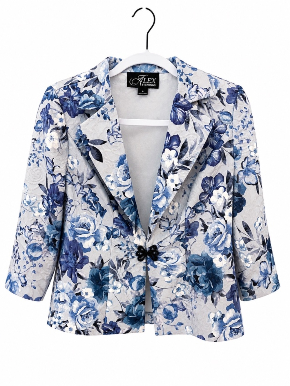 NWT Alex Evenings Blue Floral Jacquard Blazer Jacket 3/4 Sleeve Size S